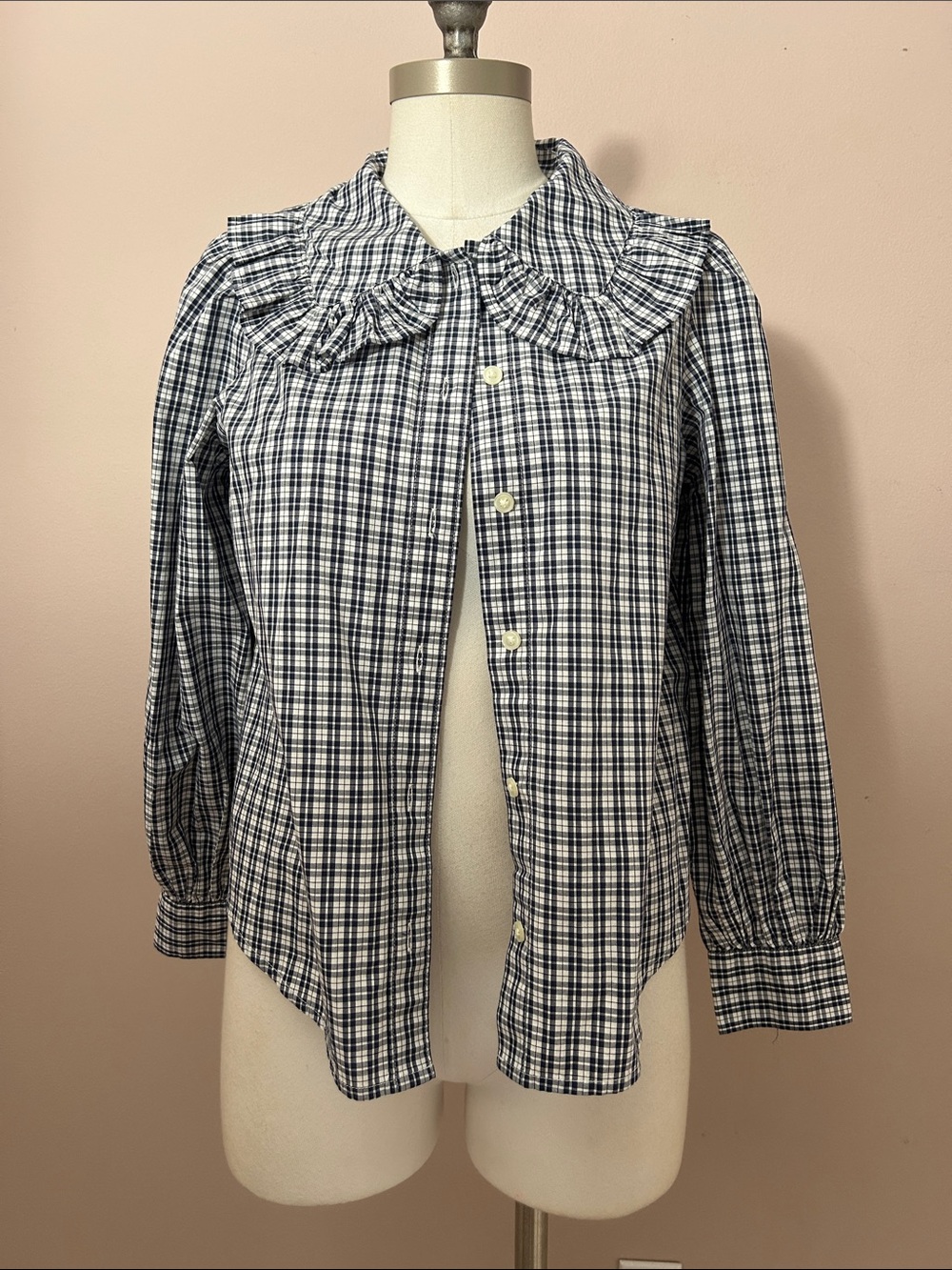Levi's Navy and White Plaid Button-Up Blouse with Ruffled Collar XS